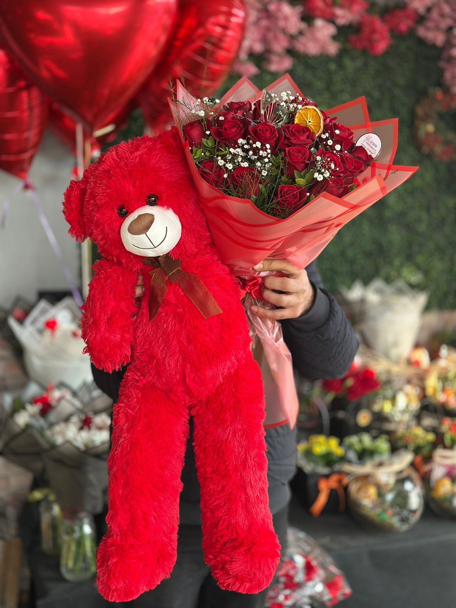 20 Adet Kırmızı Gül ve 75cm Ayıcık