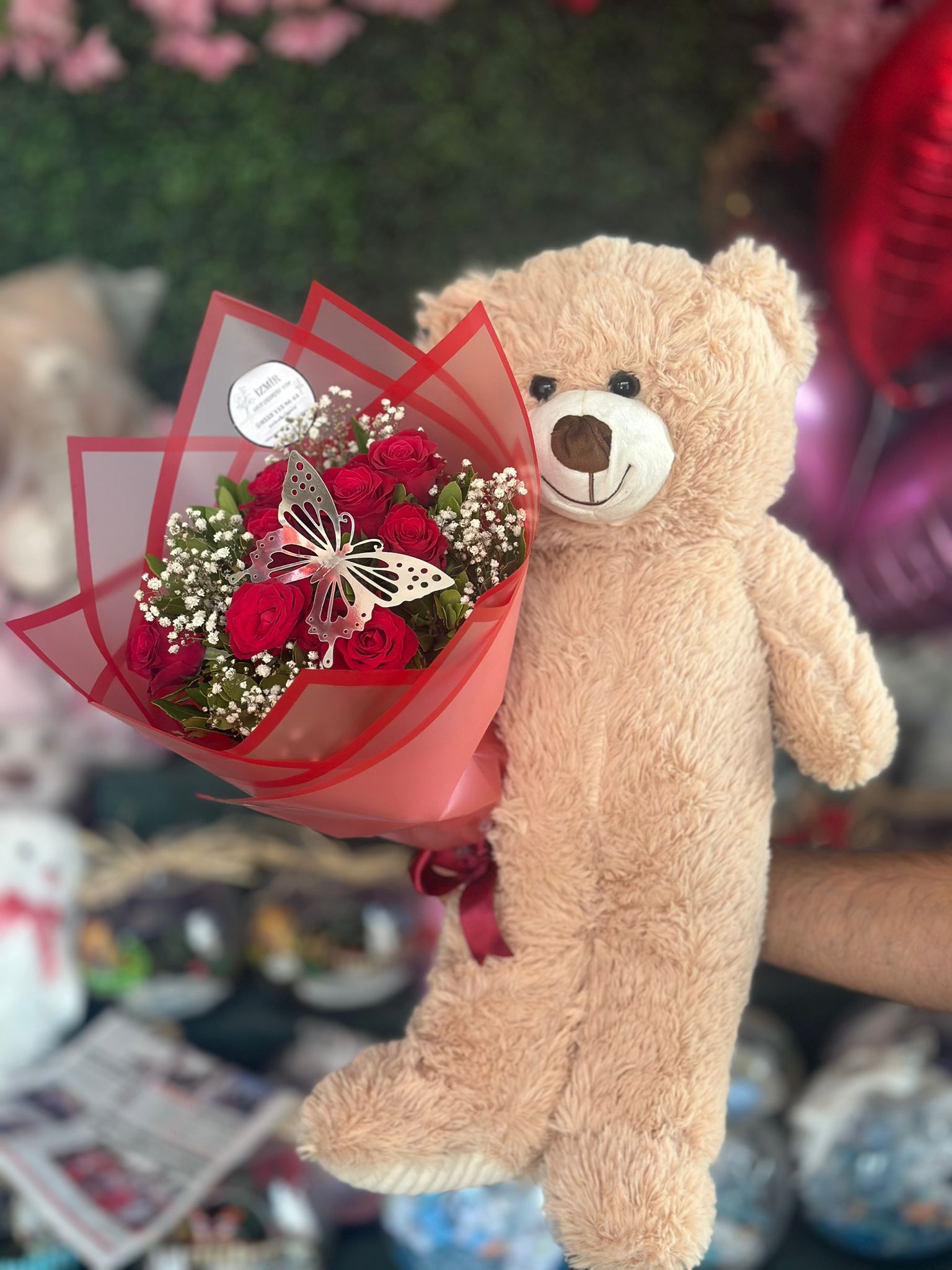 10 Adet Kırmızı Gül ve 50cm Ayıcık